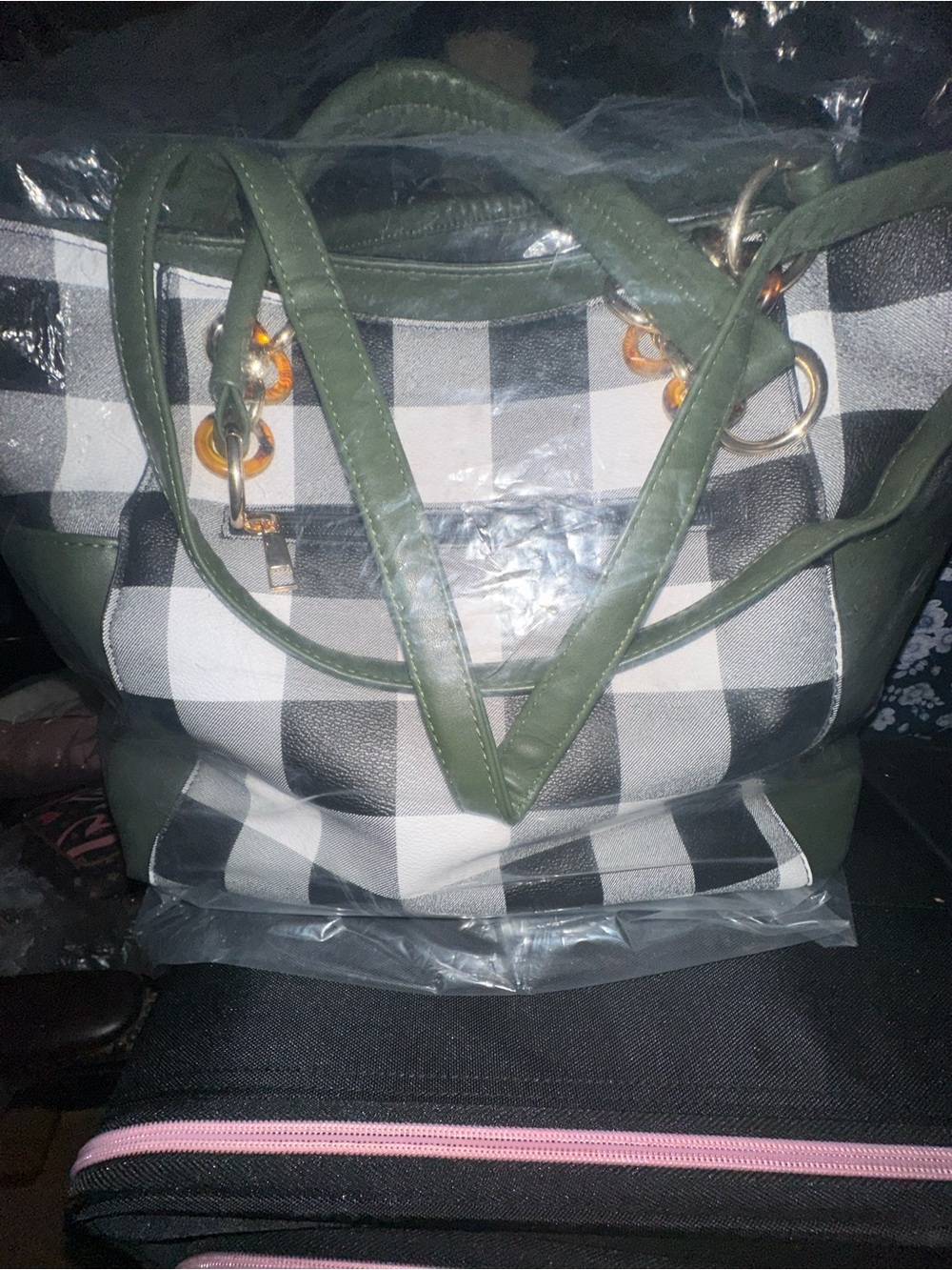 Black & White Check Tote with Olive Trim